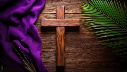 Wooden Cross with Palm Leaves and Purple Fabric &ndash; Holy Week Symbolism