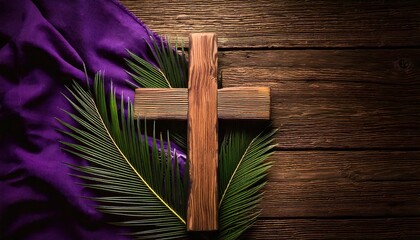 Wooden Cross with Palm Leaves and Purple Fabric &ndash; Holy Week Symbolism