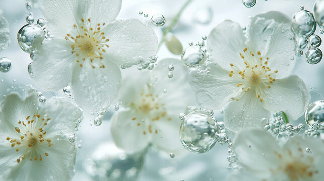 White jasmine flowers under crystal clear water among air bubbles