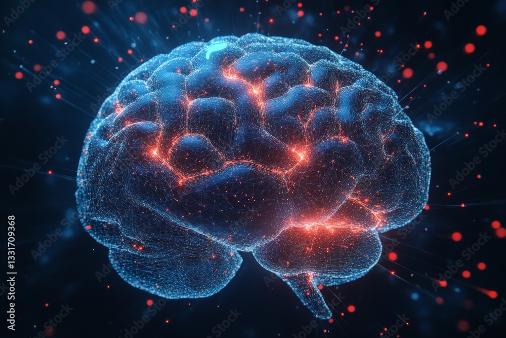 Poster Visual representation of a digital brain illuminated with vibrant connections in a dark background