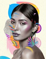 Trendy 80s-Inspired Collage &ndash; Vibrant Female Portrait in Retro Style