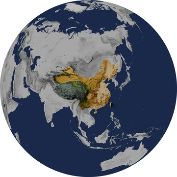 recommend clip art: Colored terrain map of China in orthographic view
