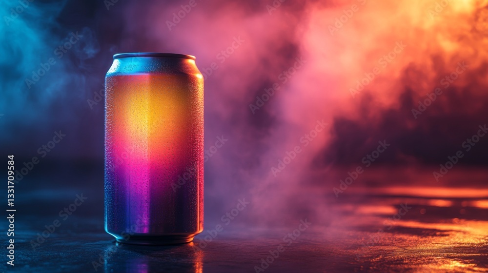 Poster a cold can sits on a reflective surface, showcasing vibrant colors under dynamic lighting. mist surr