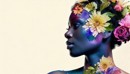 Artistic Black Woman&rsquo;s Face Blended with Vibrant Flowers &ndash; Dreamlike Floral Design
