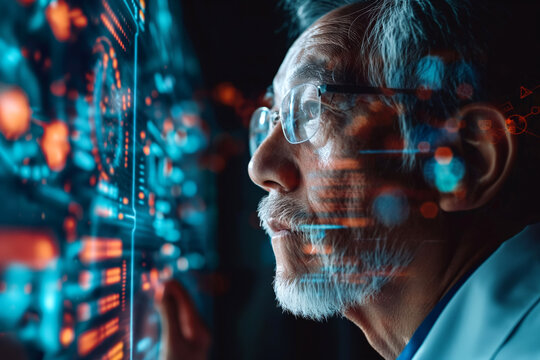 An elderly Asian male scientist deeply focused on digital data projections, showcasing the intersection of technology and research.