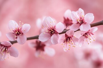 Obraz premium Spring blossoms create a beautiful display of pink flowers on a branch in a serene garden setting
