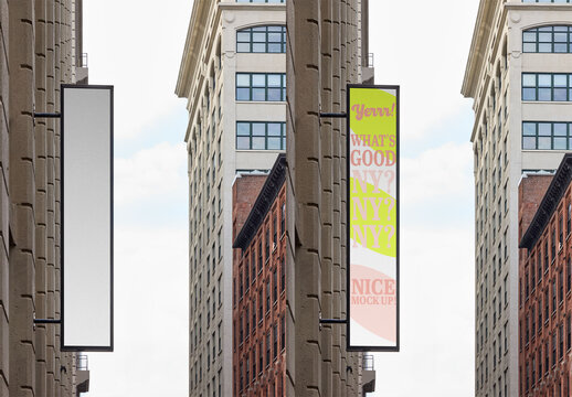 Outdoor vertical Advertising Mockup hanging from  New York Building