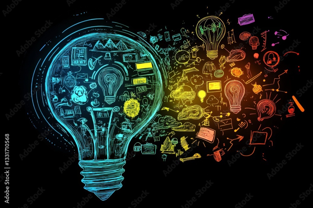 Poster creative ideas emerge from a light bulb illustration filled with innovative concepts and colorful sk