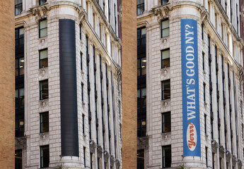 A mockup for outdoor advertising is displayed on a historic facade building in  New York City.