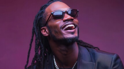 Joyful man with sunglasses smiling against a vibrant purple background, showcasing confidence and positivity