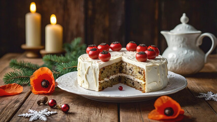 Christmas poppy cake on wooden table