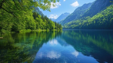 A picturesque lake surrounded by green trees and mountain ranges
