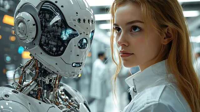 The Human and the Machine: Captivating view of a human and a robot, an intimate moment of connection against the backdrop of a cutting-edge laboratory.
