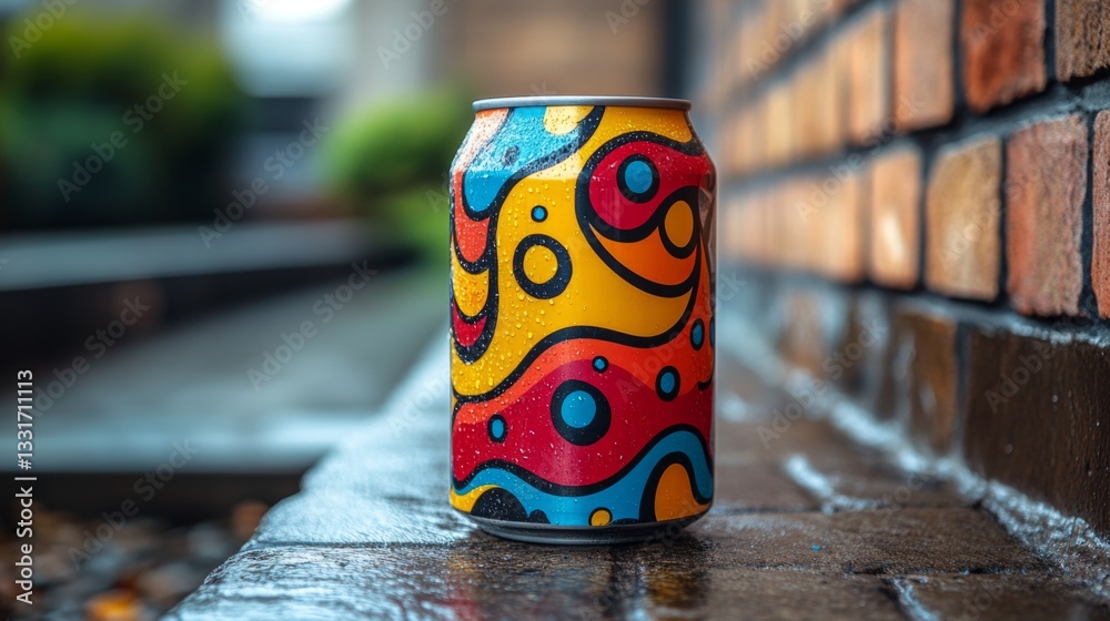 Aufkleber A vibrant beverage can is placed on a wet stone surface, adorned with swirling patterns. Lush greenery is visible in the background, hinting at an urban environment.