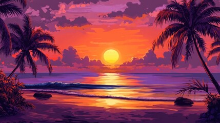 A beautiful coastal sunset with palm trees over the ocean