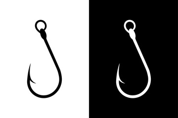 Minimalist Fishing Hook Icon Silhouette Vector on Black & White.