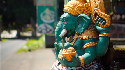 Fototapeta premium An old hindu stone statue of Ganesha covered with moss, standing on the str..