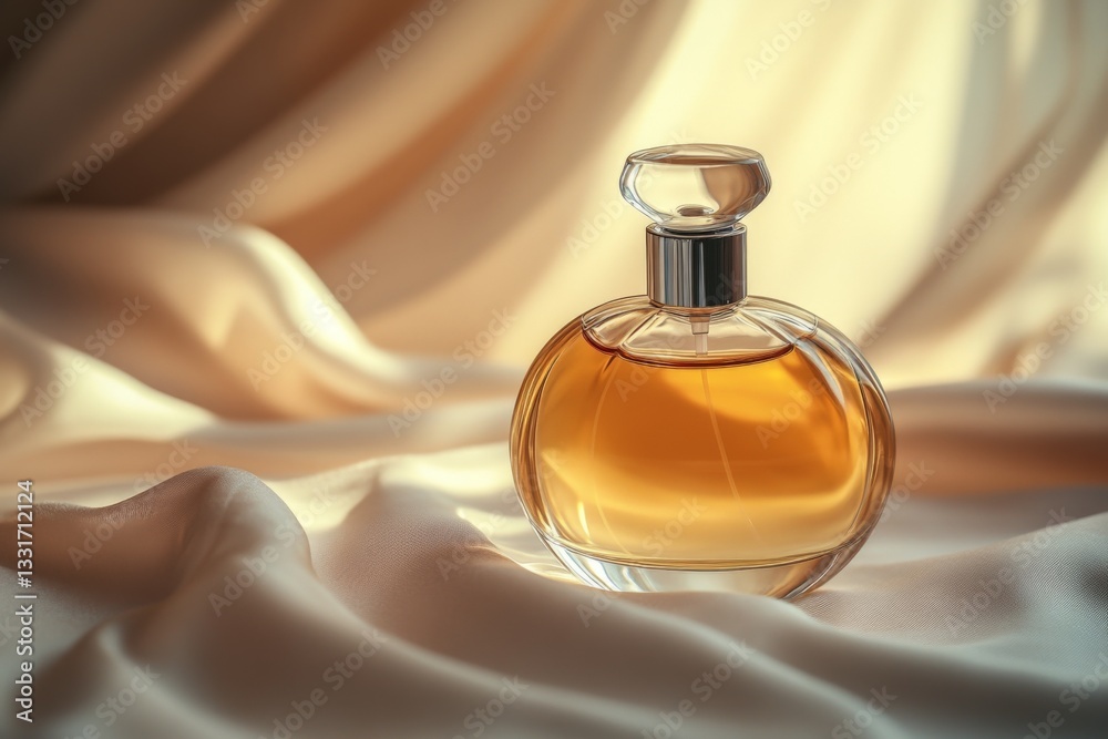 Poster Elegant perfume bottle displayed on silk fabric with soft lighting creating a luxurious ambiance