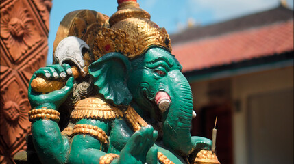 An old hindu stone statue of Ganesha covered with moss, standing on the str..
