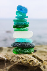 Sea glass. Sea glass beach. Sea glass pyramid. Zen and meditation.