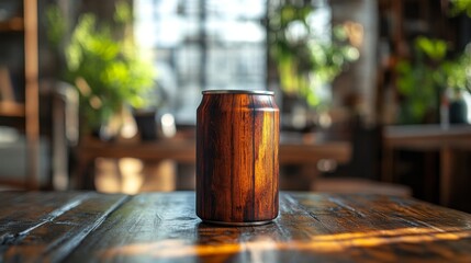 A stylized can with a wooden finish stands prominently on a rustic wooden table. Bright, natural light filters through the space, illuminating various indoor plants nearby.