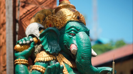 An old hindu stone statue of Ganesha covered with moss, standing on the str..