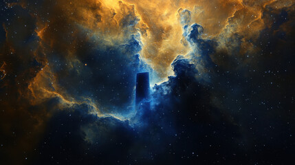 An ethereal nebula shaped like a rising monolith, deep blue and golden hues blending seamlessly, surrounded by a vast cosmic void