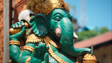 An old hindu stone statue of Ganesha covered with moss, standing on the str..