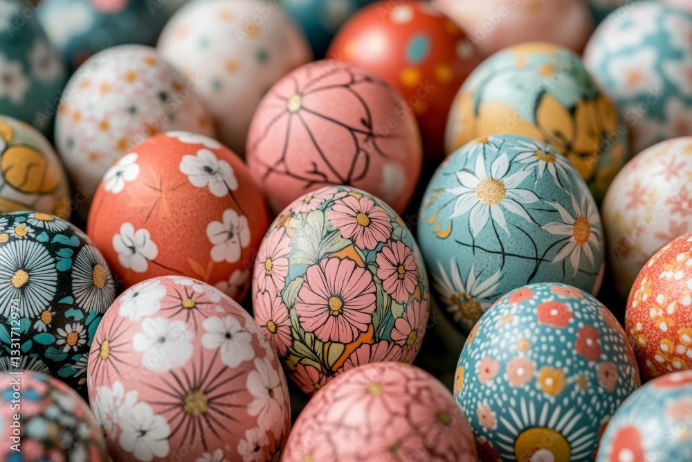 Poster Vibrant easter eggs arranged in intricate patterns and colors for a festive celebration during springtime