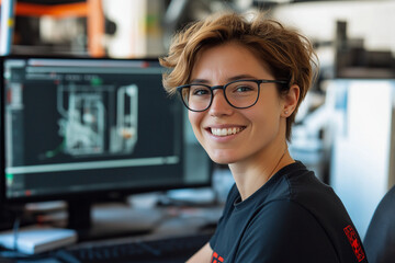 CAD-CAM programmer sitting in front of her computer with an industrial drawing on it showing very detailed three-dimensional rendering wearing glasses with short hair