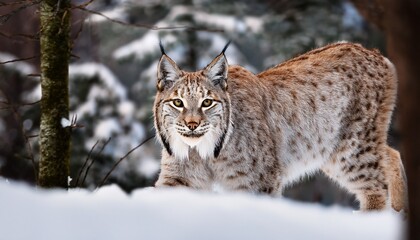 Naklejka premium A lynx with tufted ears and spotted coat stealthily moves through snowy forest, blending perfectly with the winter landscape. 
