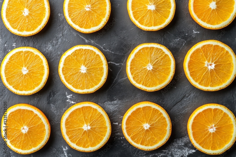 Poster Sliced oranges arranged in a pattern on a dark stone background in a kitchen setting