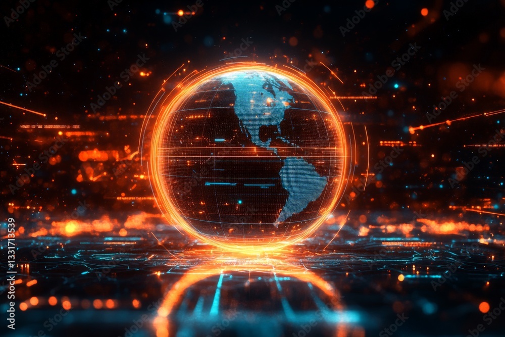 Leinwandbilder vibrant digital depiction of a glowing globe with interconnected data streams reflecting technologic