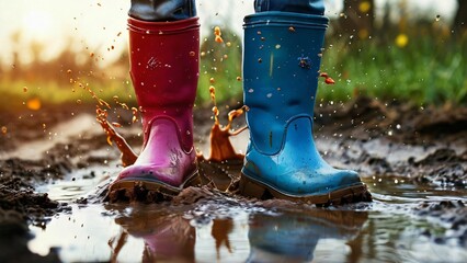 Close-Up of Colorful Rubber Boots in a Puddle Illustration for Jump in Muddy Puddles Day