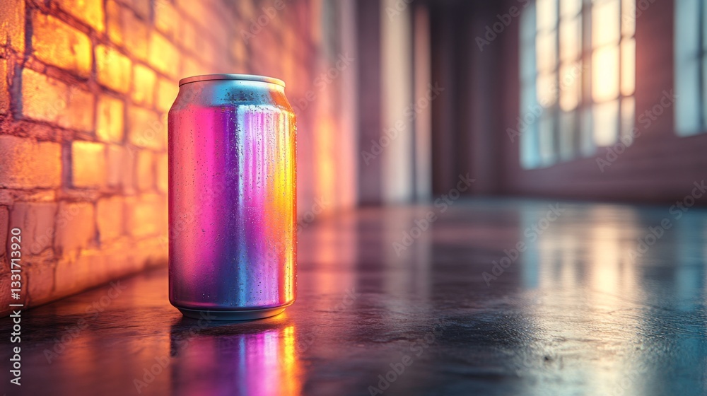 Poster a reflective metallic can stands on the polished floor in an industrial setting, illuminated by warm