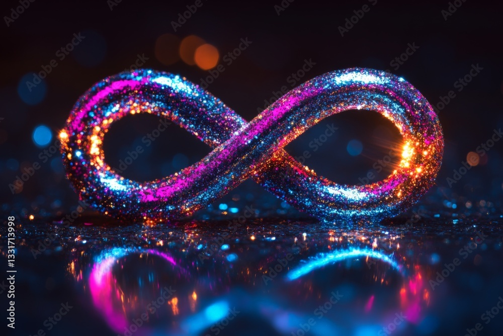 Poster colorful infinity symbol made of sparkling material reflects light in a creative design setting