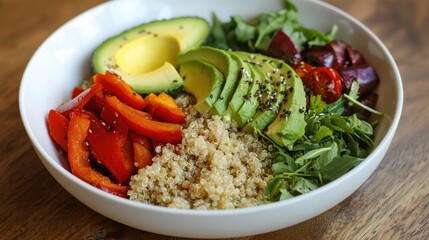 A vibrant bowl of quinoa, topped with fresh vegetables like avocado, bell peppers, and greens, promoting a healthy and colorful meal.