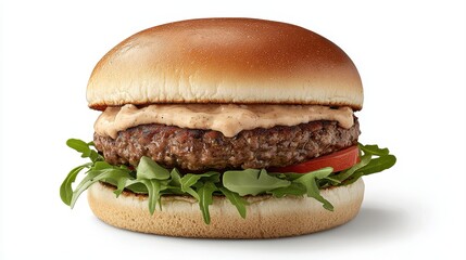 A delicious burger featuring a juicy patty, fresh lettuce, tomato, and creamy sauce, all nestled between a soft, toasted bun.