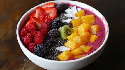 A colorful bowl of smoothie topped with fresh fruits, including strawberries, blueberries, and mango, creating a vibrant and healthy meal option.