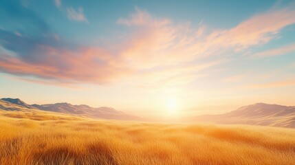 Obraz premium Golden Hour Panorama: A vast, sun-kissed landscape unfolds under a sky ablaze with the soft hues of dawn. The golden grasses and rolling hills create a sense of peace and tranquility. 