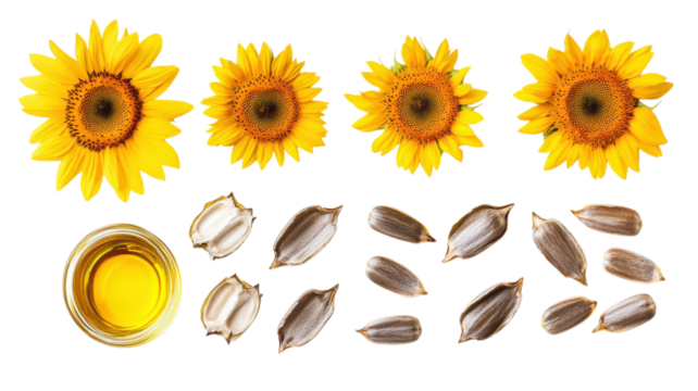 Sunflower plants, seeds, and oil displayed together illustrate the lifecycle of a sunflower in a simple layout