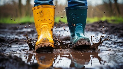 Close-Up of Colorful Rubber Boots in a Puddle Illustration for Jump in Muddy Puddles Day