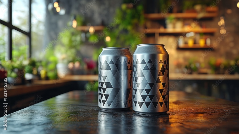 Aufkleber two beverage cans featuring a geometric pattern rest on a dark wooden table. the background showcase