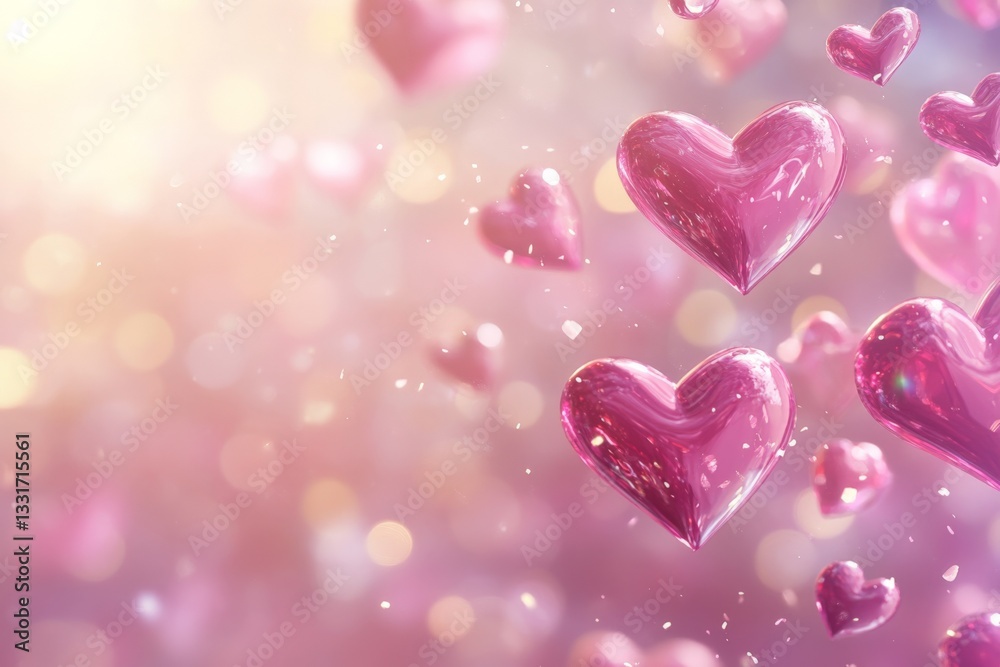 Poster colorful hearts float gracefully in a dreamy, vibrant setting with soft bokeh lights suggesting roma