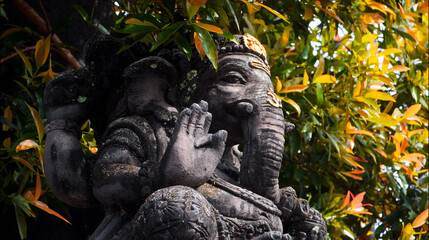 Fototapeta premium An old hindu stone statue of Ganesha covered with moss, standing on the str..