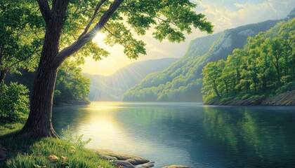 Fototapeta premium Lake Landscape with Sunlight Shining Through Trees and Reflecting on Water