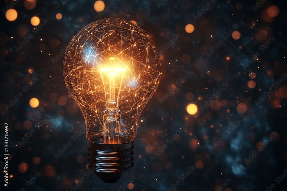 Fototapete creative light bulb glowing with interconnected lines and warm bokeh effects in a dark setting