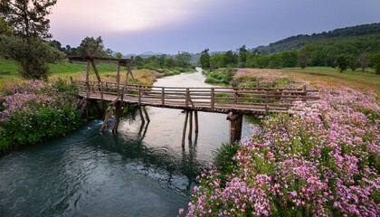 Fototapeta premium Generated image Drone shot of a rustic wooden bridge crossing a river, with blooming flowers framing 