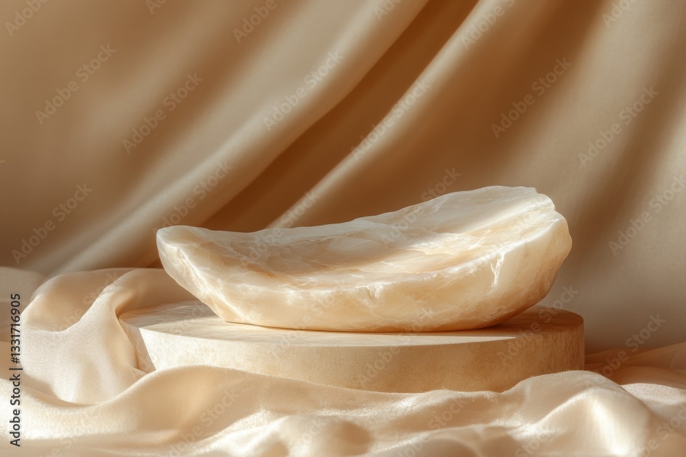 Poster elegant alabaster sculpture resting on a pedestal surrounded by soft fabric under warm natural light