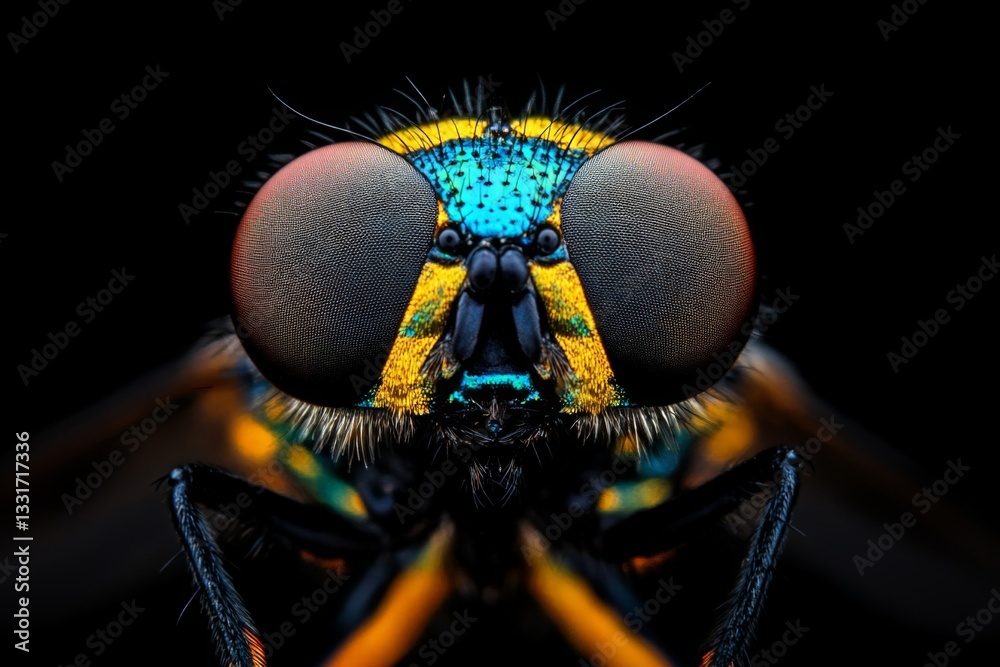 Poster close-up view of a colorful insect showcasing intricate details of its eyes and body in a black back